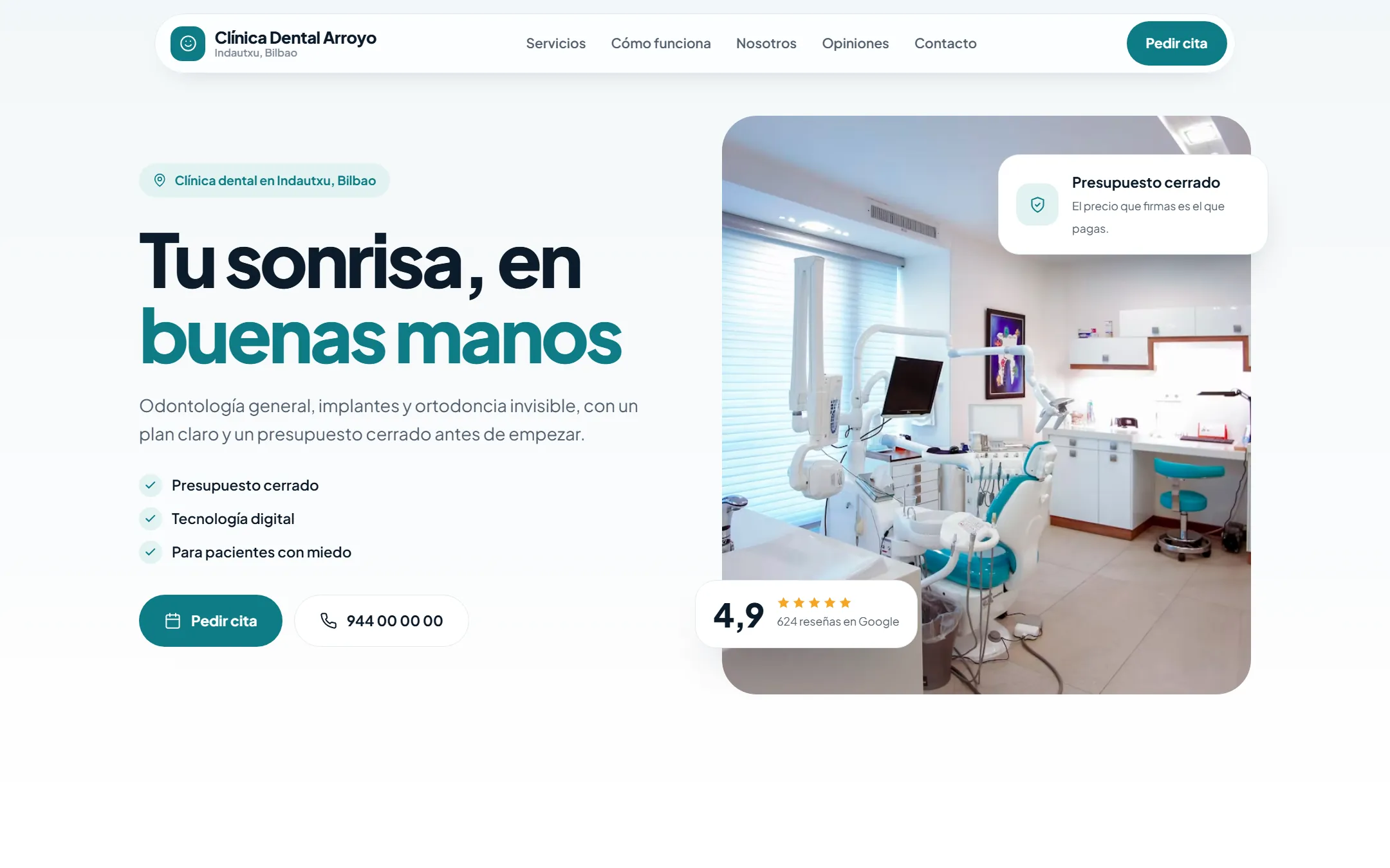 A dental clinic website built with YaWeb, with rating, opening hours and treatments